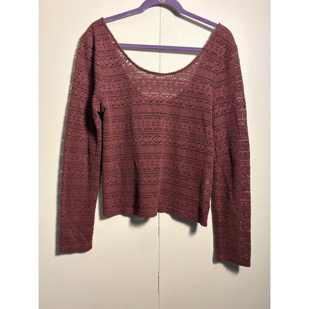American Eagle Crochet Sweater XL Boho Open Knit Burgundy Festival Coastal Indie